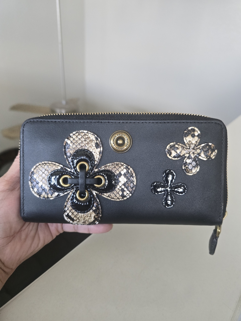 Lauren Ralph Lauren Millbrook Leather Wallet with Snake-Print Floral Appliqué